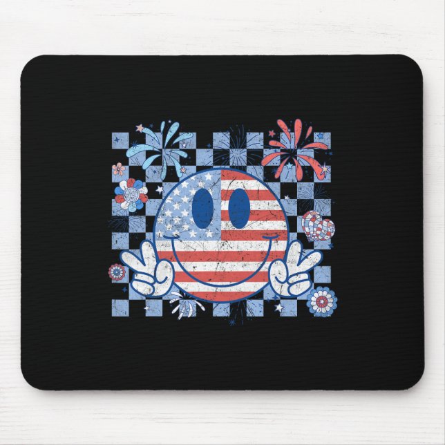 American Flag 4th Of July Groovy Smiling Face Chec Mouse Mat (Front)