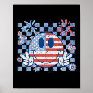 American Flag 4th Of July Groovy Smiling Face Chec Poster