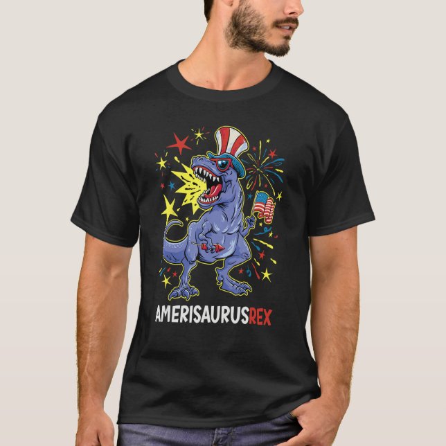 American Flag 4th of July T Rex Dinosaur Amerisaur T-Shirt (Front)