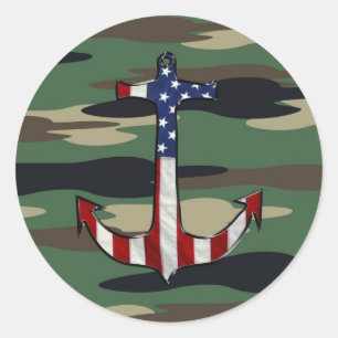 American Flag Anchor on Camo Classic Round Sticker