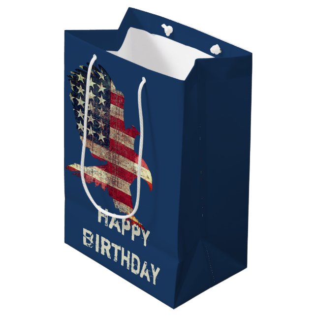 American Flag and Bald Eagle Birthday Medium Gift Bag (Front Angled)
