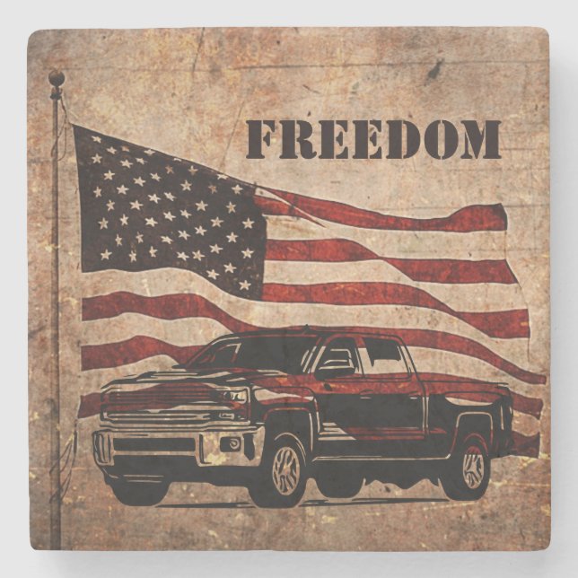 American Flag and Black Truck Patriotic Freedom Stone Coaster (Front)
