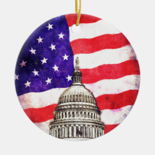 American Flag And Capitol Building Ceramic Tree Decoration