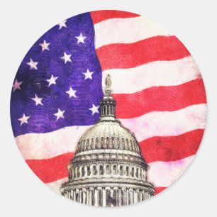 American Flag And Capitol Building Classic Round Sticker