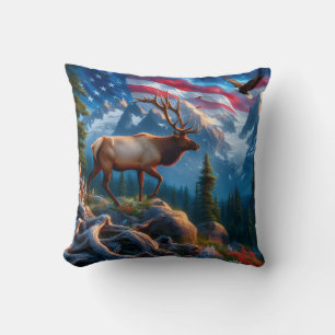 American Flag and Elk Throw Pillow