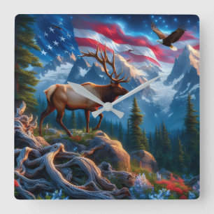 American Flag and Elk Wall Clock