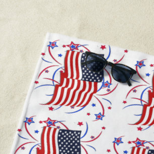 American Flag and Fireworks Beach Towel