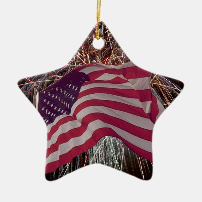 American Flag and Fireworks Ceramic Tree Decoration (Front)