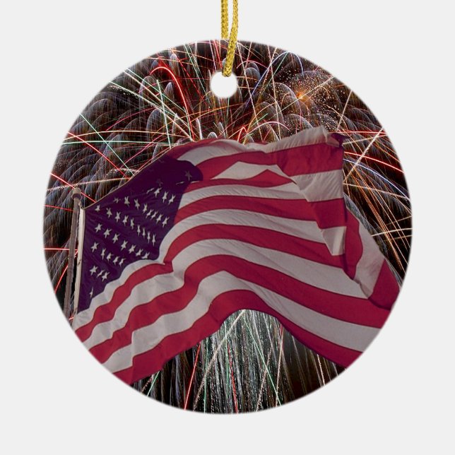 American Flag and Fireworks Ceramic Tree Decoration (Front)