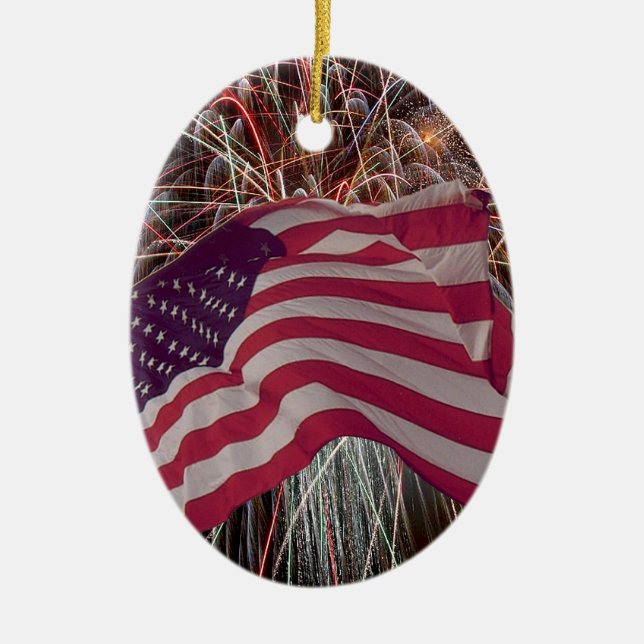 American Flag and Fireworks Ceramic Tree Decoration (Front)