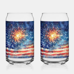 American flag and fireworks. Drinkware Set Can Glass