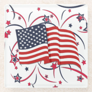 American Flag and Fireworks Glass Coaster