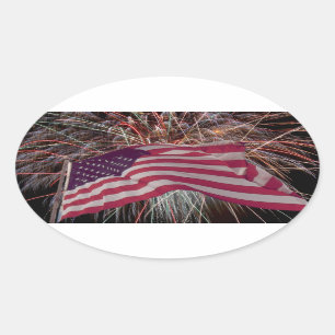American Flag and Fireworks Oval Sticker