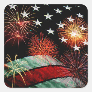 American flag and fireworks square sticker
