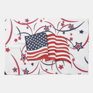 American Flag and Fireworks Tea Towel
