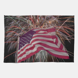 American Flag and Fireworks Tea Towel