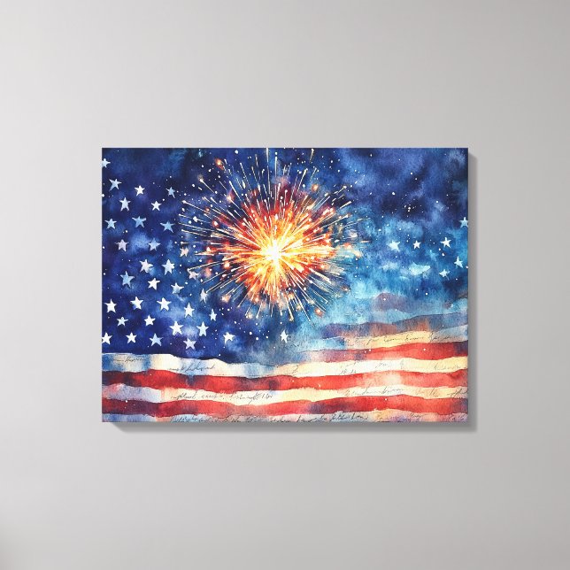 American flag and fireworks & U.S. Pledge. Art Canvas Print (Front)