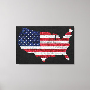American Flag and Map Burlap Linen Rustic Jute Canvas Print