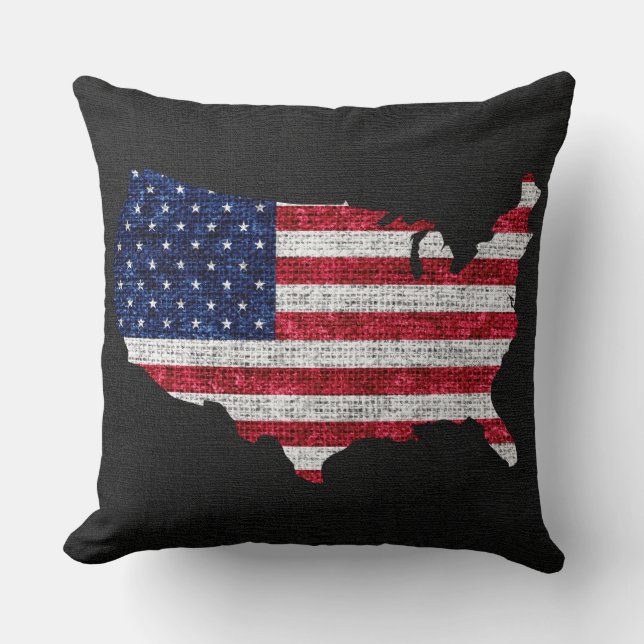 American Flag and Map Burlap Linen Rustic Jute Cushion (Front)