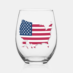 American Flag and Map Red White and Starry Blue Stemless Wine Glass