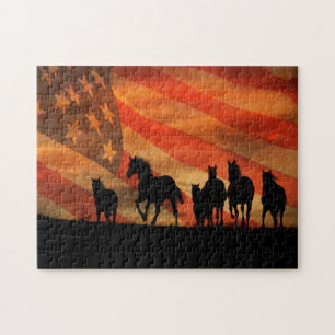 American Flag and Mustangs Wild Jigsaw Puzzle