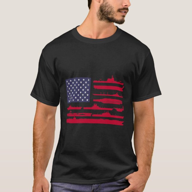 American Flag and naval ships - Patriotic Military T-Shirt (Front)