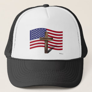 American Flag and Rugged Cross Trucker Hat