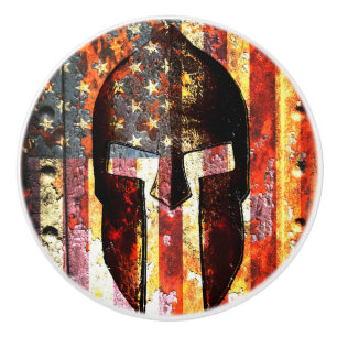 American Flag and Spartan Helmet Door Knob. Ceramic Knob