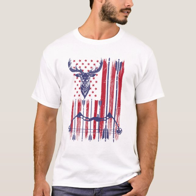 American Flag Archery Bow Deer Bowhunting Hunting T-Shirt (Front)