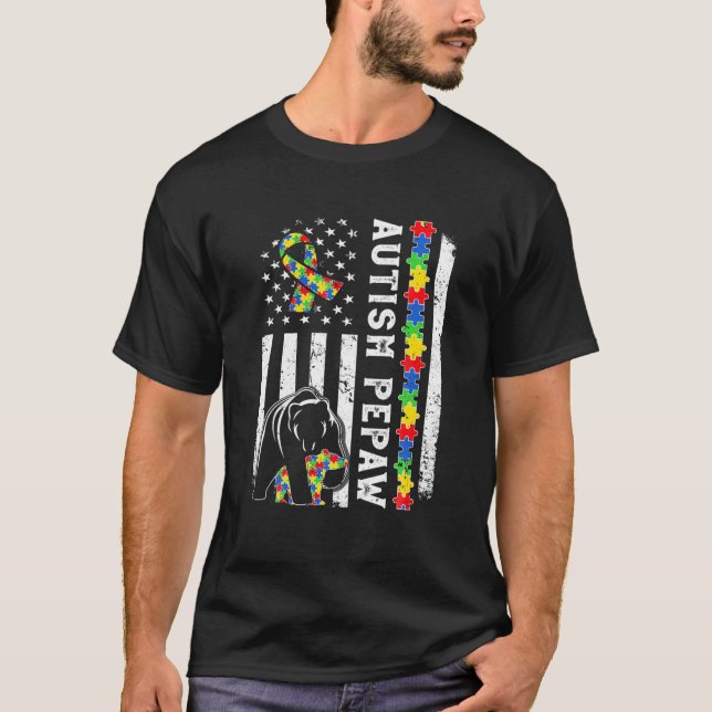 American Flag Autism Pepaw Family Bear Autistic T-Shirt (Front)