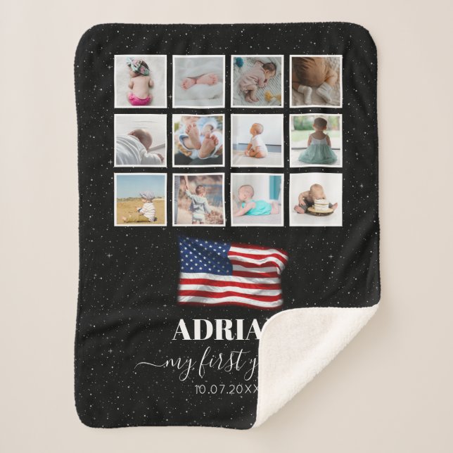 American Flag Baby First Year Photo Collage Sherpa Blanket (Front)