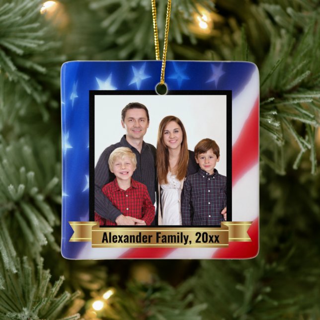 American Flag Background Patriotic Family Photo Ceramic Ornament (Tree)