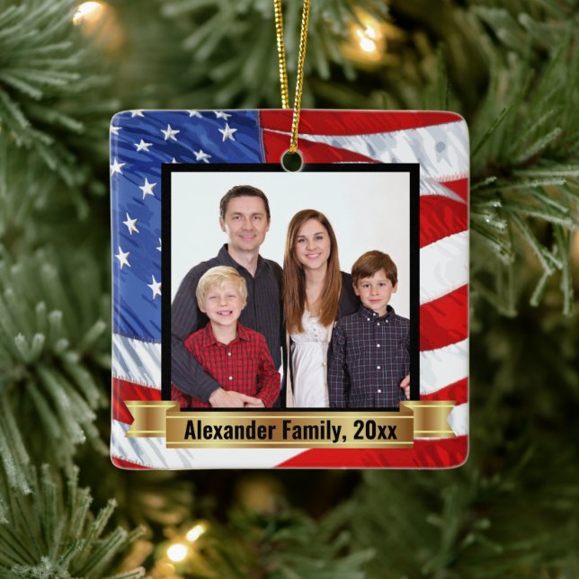 American Flag Background Patriotic Family Photo Ceramic Ornament (Tree)