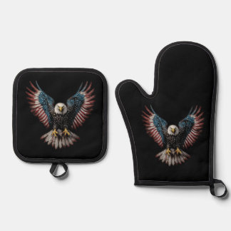 American Flag Bald Eagle 4th of July USA Patriotic Oven Mitt & Pot Holder Set