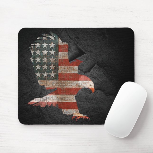 American Flag Bald Eagle on Black Rock  Mouse Mat (With Mouse)