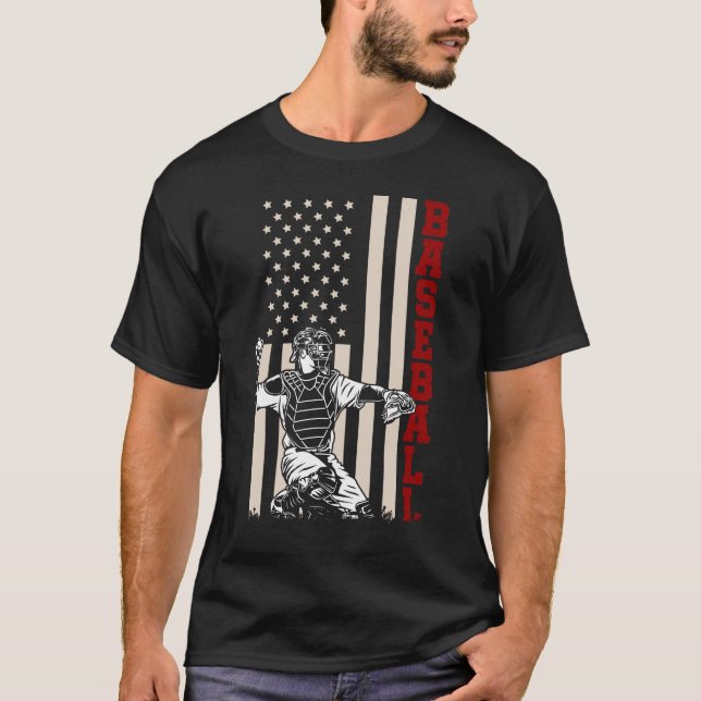 American Flag Baseball Catcher US Sportsman T-Shirt (Front)
