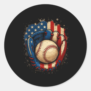 American Flag Baseball Glove Patriotic Red White B Classic Round Sticker