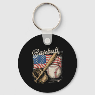 American Flag Baseball Player Bat Fan Catcher Key Ring