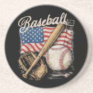 American Flag Baseball Player Bat Fan Catcher Pitc Coaster