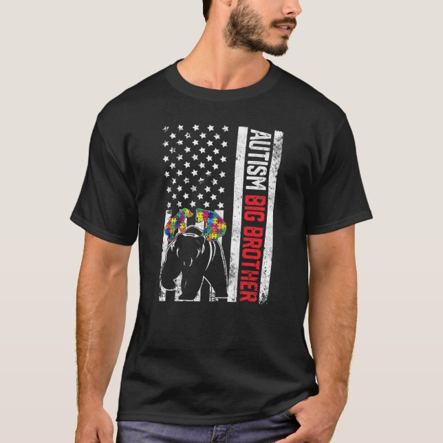 American Flag Big Brother Bear Autism Awareness Fa T-Shirt (Front)