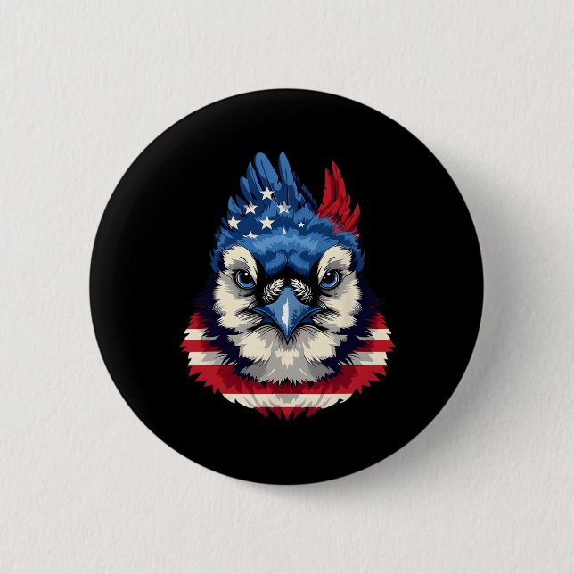 American Flag Blue Jay Patriotic Bird Face 4th Of  6 Cm Round Badge (Front)