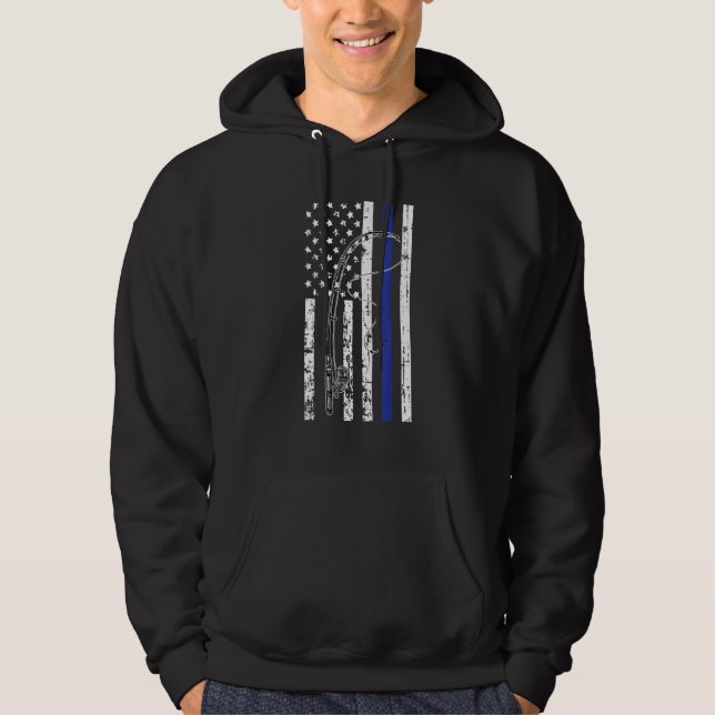 American Flag Blue Line Fishing Cool Police Office Hoodie (Front)