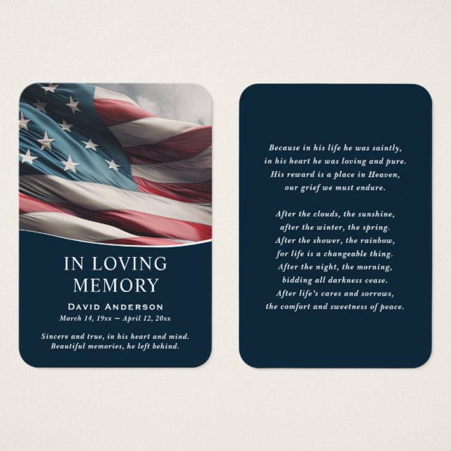 American Flag Blue Photo Memorial Prayer Cards (Front & Back)