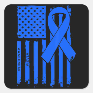 American Flag Blue Ribbon Ataxia Awareness T-Shirt Square Sticker
