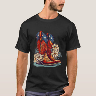 American Flag Boots And Bows 4th Of July Cowgirl W T-Shirt