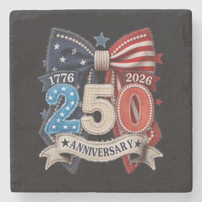 American Flag Bow 250th Anniversary Patriotic  Stone Coaster (Front)