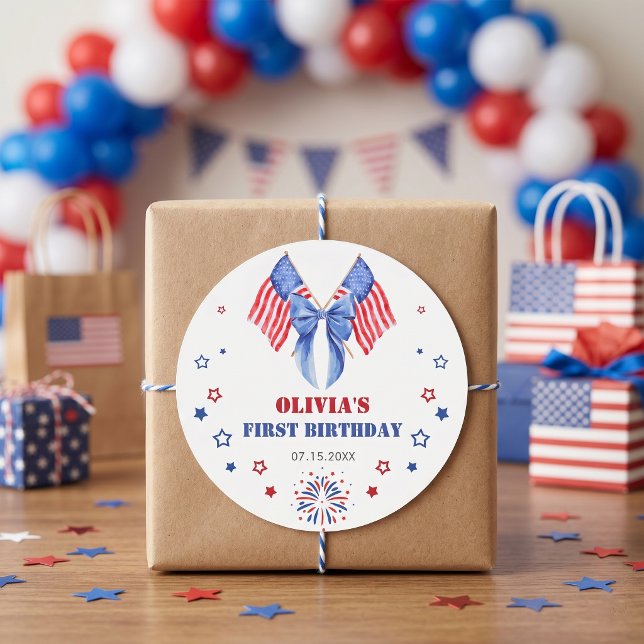 American Flag Bow Girl Birthday Sticker (Creator Uploaded)