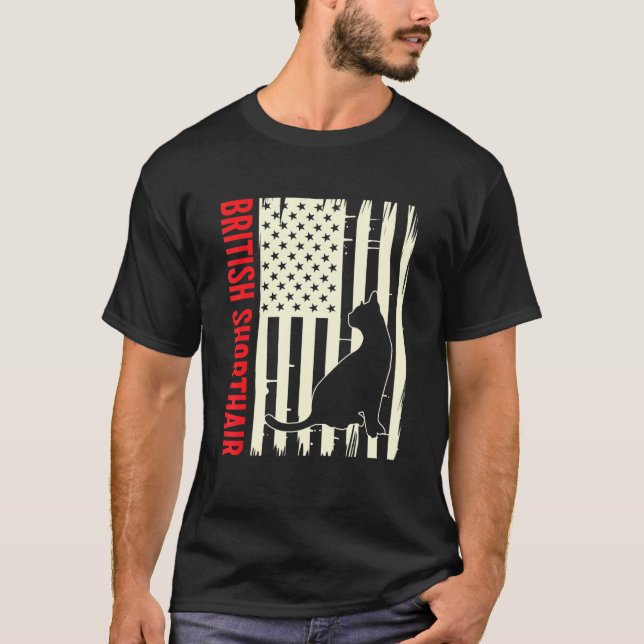 American Flag British Shorthair Cat Kitten Cat T-Shirt (Front)
