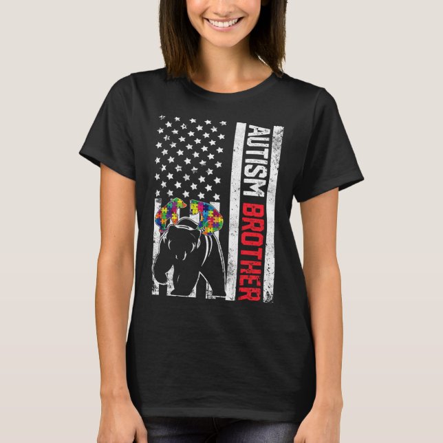 American Flag Brother Bear Autism Awareness Suppor T-Shirt (Front)