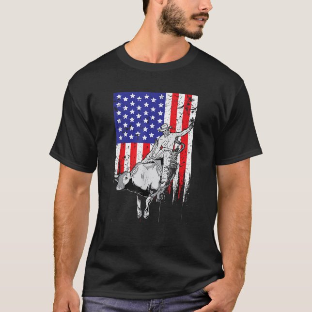 American Flag Bucking Bull Riding Patriotic Rodeo  T-Shirt (Front)